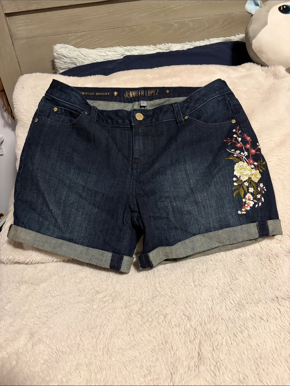 Jennifer Lopez Navy Denim Shorts with Floral Embroidery